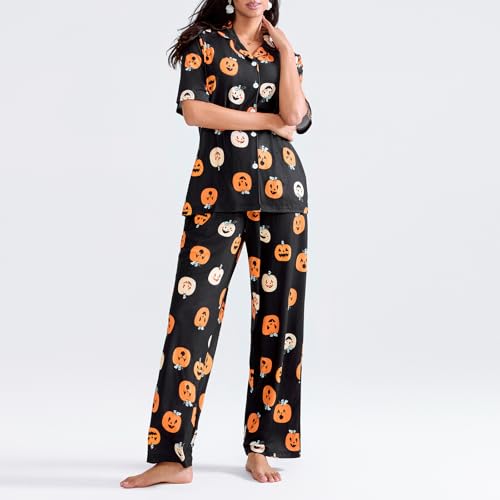 CocMouse Halloween Pajamas Set for Women Button Down Short Sleeve Pjs Set with Long Pants 2 Piece Loungewear Pjs Sets (Black, L) - Image 3