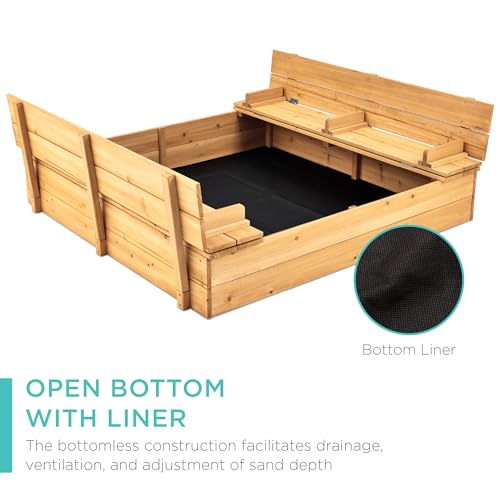 Image of Best Choice Products Large Outdoor Wooden Sand Box for Kids, Sandbox with Cover, Bench Seats Support up to 220 lbs, Bottom Liner for Drainage, Cedar Wood - Natural