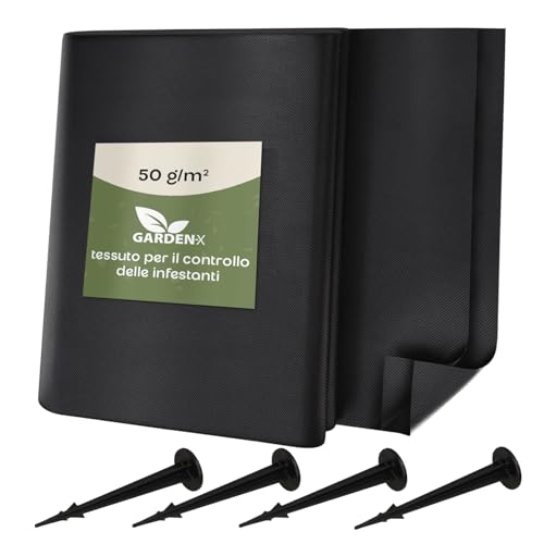 GARDENIX 20m² Telo per pacciamatura con 50 ancore per terra 20m² (0,8m x 25m) - Permeabile all'acqua 50g/m² - Nero resistente ai raggi UV, telo in tessuto non tessuto per aiuola, protezione contro le