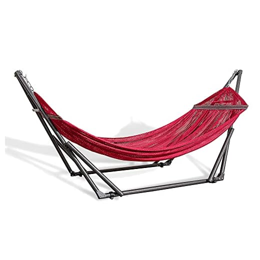 Best Home Fashion Hammock with Collapsible Steel Stand 450 lbs Capacity & Carrying Case, Portable & Adjustable, Perfect for Camping Beach Summer Patio, EZ Daze Foldable Hammock with Stand- RED