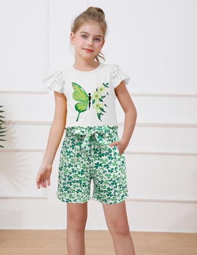 Image of mksodop Girls outfits 2-Piece ruffled short sleeve butterfly floral print high waist floral shorts girls summer clothes