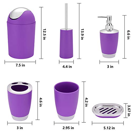 6 Piece Bathroom Accessories Set,Plastic Bath Ensemble Bath Set Lotion Bottles, Toothbrush Holder, Tooth Mug, Soap Dish, Toilet Brush, Trash Can (Purple) #TOP6