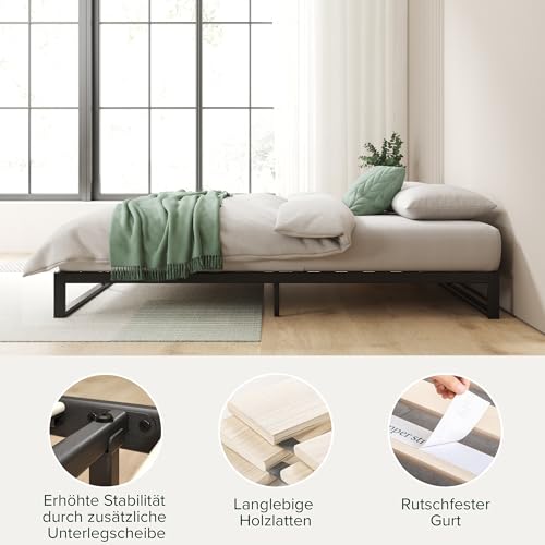 Zinus Trisha Bettgestell 140x200 cm - 15 cm Niedrige Bauweise - Metallbett 140x200 mit Lattenrost aus Holz - Umweltfreundliche Verpackung & Einfache Montage - Schwarz