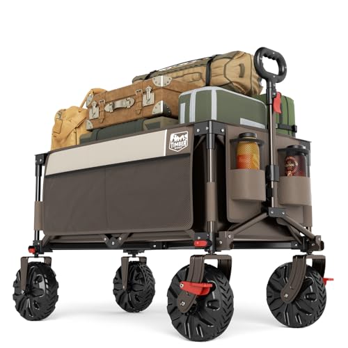 Timber Ridge Outdoor Collapsible Wagon Utility Folding Cart Heavy Duty All Terrain Wheels for Shopping Camping Garden with Side Bag and Cup Holders,Tan