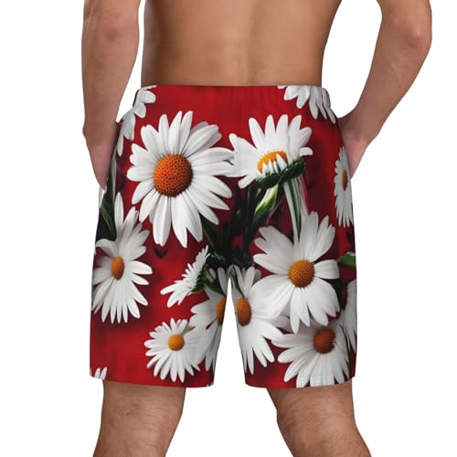 Men's Red Flower and White Daisy Print Quick-Dry Mesh Swim Trunks Stretch Lining Beach Shorts Surfing Summer Vacations3