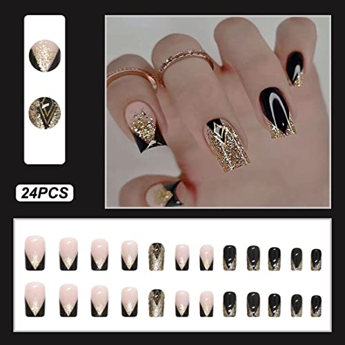 24 Pcs Black Press On Nails Medium Fake Nails Bevel Edge French Tip False Nails With Glue Gold Glitter Glue On Nails Artificial Acrylic Nails Square Stick On Nails For Women Girls #TOP1