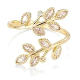 VIEKYBUTTY Adjustable Open Leaf & Vine Gold Ring with White Gemstone | Cuff Deco Ring for Women Men | Adjustable Cuff Vine Leaf Deco Rings