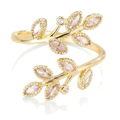 VIEKYBUTTY Adjustable Open Leaf & Vine Gold Ring with White Gemstone | Cuff Deco Ring for Women Men | Adjustable Cuff Vine Leaf Deco Rings