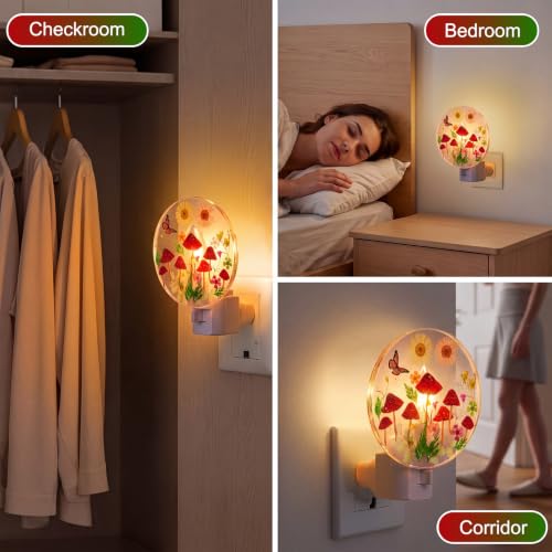 Image of Glooglitter Pressed Flower Night Light Plug in-Handmade Dried Floral Wall Night Light, Glow Decorative Nightlight for Hallway Bedroom Nursery Bathroom, Vintage Botanical(Red, Mushroom)