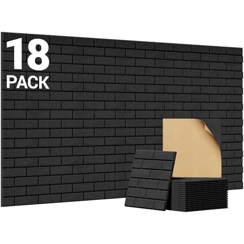 TONOR 18 Pack Acoustic Wall Panels Self-adhesive, 11.8*11.8*0.35 Brick Pattern Sound Proofing Panels, 3D Wall Panels for Echo Absorption, Decorative Sound Barrier for Recording Room, Studio, Black