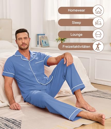 CF Men's 100% Cotton Pajama Sets Button Down Pj Sets Short Sleeve Top & Long Pants Loungewear Lightweight with pockets4