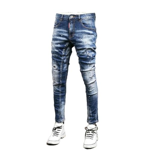 Streetwear Mens Jeans Retro Black Blue Elastic Slim Fit Ripped Jeans Men Spliced Embroidery Hip Hop Denim Pants