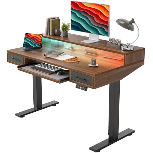Image of TIQLAB Standing Desk with Two Drawers, Stand Up Standing Desk Adjustable Height, Electric Sit Stand Table with Storage Shelf and Splice Board, with LED Light, 47 * 28 inch, Black Walnut