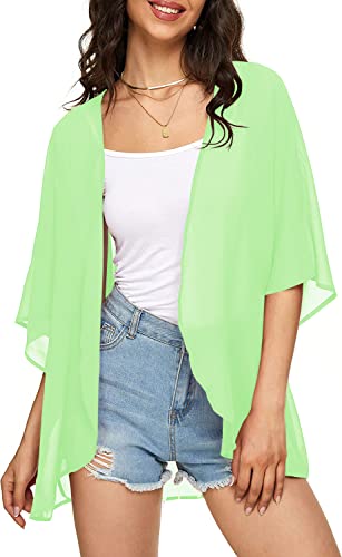 Image of Indian Trendy Women's Solid Puff Sleeve Kimono Cardigan Loose Cover Up Casual Blouse Top Chiffon
