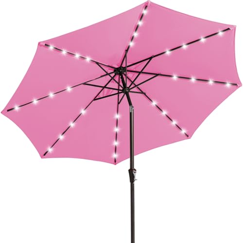 Image of JEAREY 9FT Outdoor Patio Umbrella with Solar Lights, LED Lighted Pool Umbrella with Tilt and Crank, Outdoor Table Umbrellas for Deck, Yard & Market (Rose Pink)
