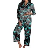 QJDFLL Halloween Pyjama Set für Damen, langärmelig, bequem, Nachtwäsche, Loungewear, lustiger Aufdruck, weiches, gemütliches Outfit Winter(Dark Grün,XXL)