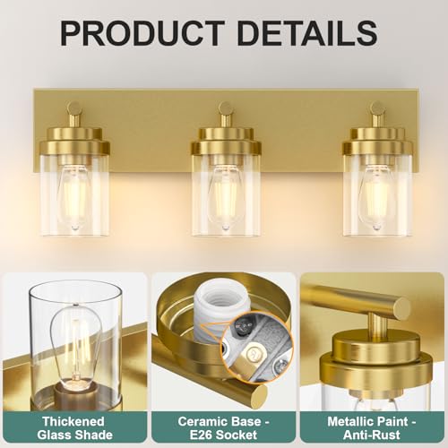 Image of IZORRO Bathroom Vanity Light Fixture, 3-Light 22 Inch Gold Bathroom Light Fixtures Over Mirror, with Clear Glass Shade, Modern Farmhouse Vanity Lights, Rustic Restroom Lighting Fixtures