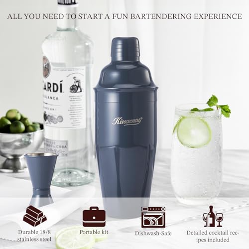 KITESSENSU Cocktail Shaker Set, Stainless Steel Martini Shaker with Bartender Strainer, Measuring Jigger, Bar Mixing Spoon, Cocktail Recipe Included, Navy by KITESSENSU - Image 3