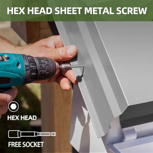 #8 x 3/4\" (100 PCS) White Head Sheet Metal Screws, Hex Washer Head Self Drilling Screw, Flanged Hex Fast Self Tapping Screws, Carbon Steel, Full Thread, Hex Bit Socket Included - Thumbnail 4