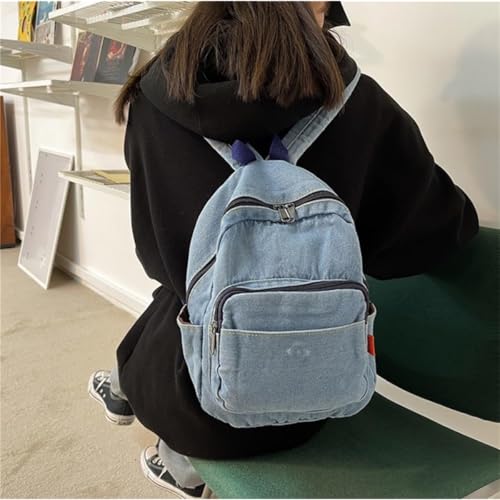Small Denim Backpack for Women Vintage Aesthetic Mini Denim Canvas Backpack Casual Daypack(Light Blue)3