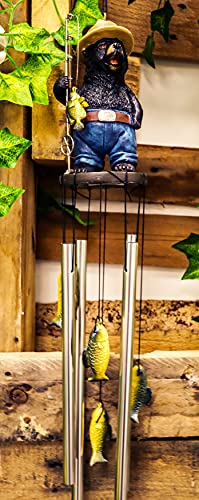 Ebros Gift Rustic Western Country Fishing Hillbilly Black Bear With Rod And Bass Figurine Crown Top Resonant Wind Chime With Miniature Ornamental Caught Fishes For Garden Patio Home Decorative Accent #TOP7