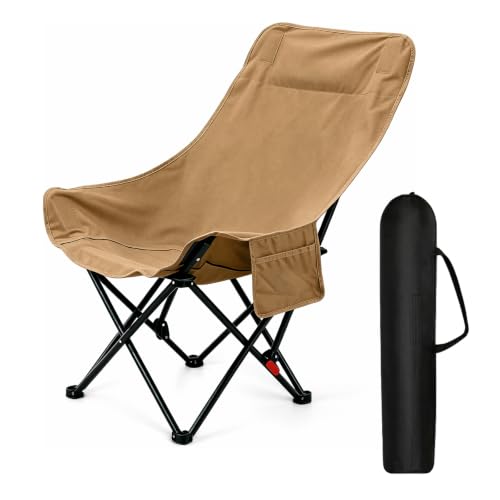 WIBELRYUSN Campingstuhl Hochlehner faltbar 150 kg, Stahlrahmen, Angelstuhl klappbar mit 2 Seitentaschen, Campingstühle, Klappstühle, Stuhl für Camping, Outdoor, Balkon (Khaki)