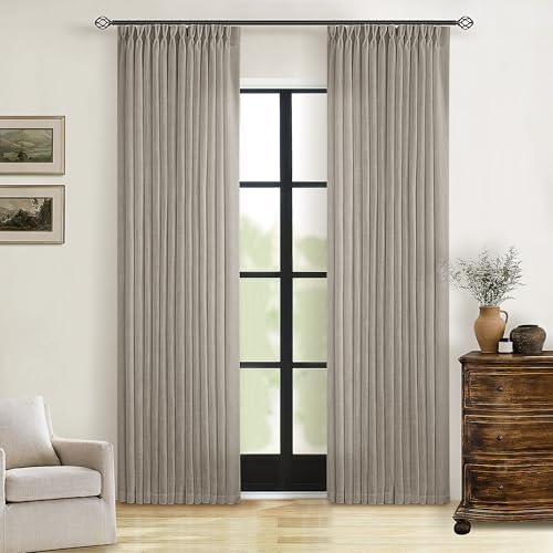 Image of Modern Farmhouse Linen Curtains 80 Inches Long 2 Panels Set for Living Room Bedroom Pinch Pleated Back Tab Thick Drapes Neutral Decor Taupe Semi Sheer 80 Inch Curtains for Dining Room Window Cabin
