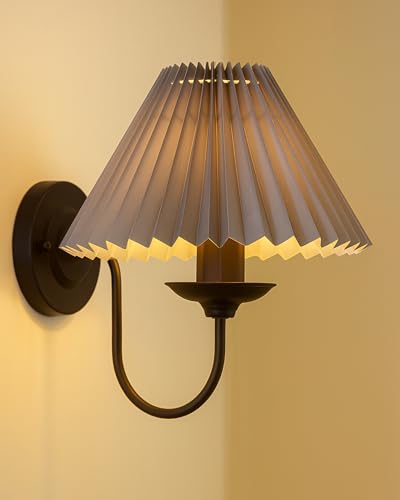 Image of Homesake Antique Brass Wall Sconces Lighting Fixture, E27 Industrial Vintage Gold Wall Light Lamp Bathroom Decor for Bedroom Living Room, Black, Fabric Shade, (Grey Pleated)