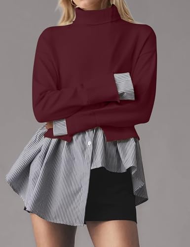 Image of Women Asymmetrical Patchwork Sweaters Slit Turtleneck Pullover Sweater Dress 2 in 1 Sweater Shirt Tunic Sweater Tops