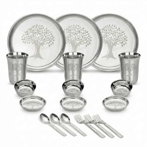 Image of Human Hydro Stainless Steel Thali Dinner Set | 18-Piece: 3 Plates, 3 Bowls (Katoris), 3 Side Plates, 3 Glasses, 3 Spoons & 3 Forks | Food-Grade, Rust-Free, Mirror Finish | Dishwasher Safe