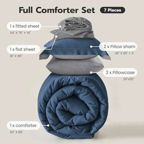 Joiedomi Full Size Comforter Set with Sheets Navy Blue, 7 Pieces Full Size Bed Set with 1 Down Alternative Comforter, 1 Flat Sheet, 1 Fitted Sheet, 2 Pillowcases and 2 Pillow Shams, Bed in a Bag by Joiedomi - Used condition - Image 8