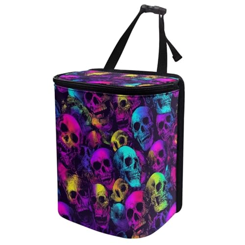 Image of Talayituse Colorful Skull Print Car Trash Bin, Large Size Auto Trash Can Adjustable Portable Garbage Can with Lid, Vehicle Hanging Bag for Headrest Front Back Seat
