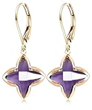 HQFJW Natural Lucky Four Leaf Clover Purple Amethyst Stone Drop Earrings,14K Gold Plated Simple Dainty Gemstone Dangle Earrings,Single Crystal Quartz Earrings for Women (B06_Amethyst)