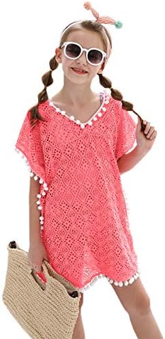 Cute Neon Pink Swimsuits Cover Up for Girls, Kids Bathing Suit Beach Dress Tops with Pompom Tassel One Size