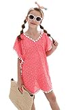 Cute Neon Pink Swimsuits Cover Up for Girls, Kids Bathing Suit Beach Dress Tops with Pompom Tassel O
