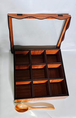 Image of Shyre Wooden Masala Box (6 Detachable Container Rectangular) Antique Lock & Spoon|Spice-Fit Tabletop Glass Lid | Multipurpose Dry Fruit |Kitchen Masala Dani(Handcraft Sheesham Wood, Brown)