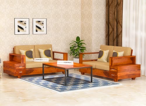 Image of Sheesham Wood 4 Seater Sofa Set with 2 Drawer Storage | 2+2 Wooden Sofa Set Furniture for Living Room Home Office (Honey)