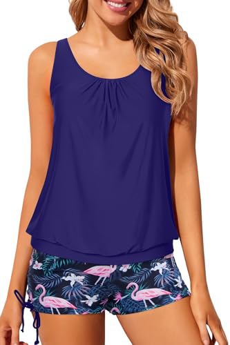Yonique Blouson Tankini Swimsuits for Women 2 Piece Flamingo Bathing Suits Tops with Boyshorts Modest Loose Fit Swimwear S
