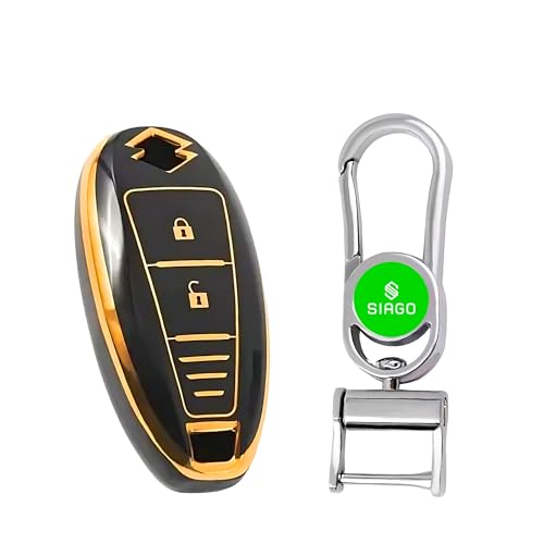 Image of SIAGO SIA351 TPU Key Cover and Metal Keychain Compatible for Maruti Suzuki Baleno | Ciaz | Swift | Ertiga | Ignis | Ritz | S-Cross | SX4 | Vitara Brezza 2 Button Smart Key Cover (Black Pack of 1)