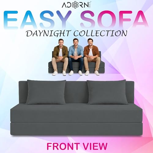 Image of Adorn India Easy 3 Seater Sofa Cum Bed | Velvet Fabric | Dark Grey | Plain Design | 6x5 Ft | Comfortable Seating | Washable Cover | Perfect for Home & Office