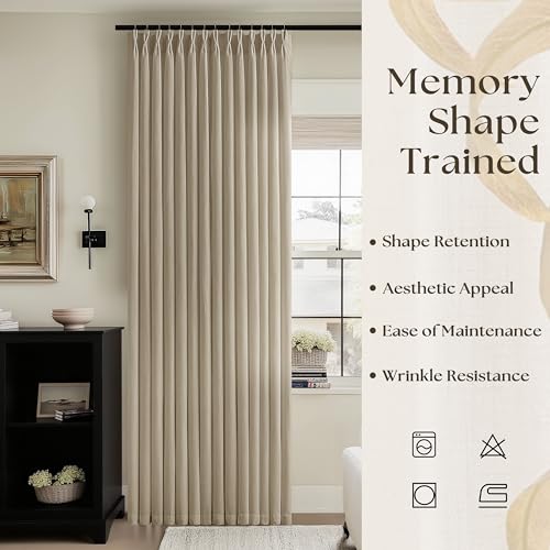 Image of Light Brown Pinch Pleated Semi Sheer Linen Rustic Curtains 96 Inch Long | Farmhouse Cottage, Light Filtering Privacy, Living Room Bedroom Dining Room, Burlap Textured, Hook Rings Memory Shape, Camel