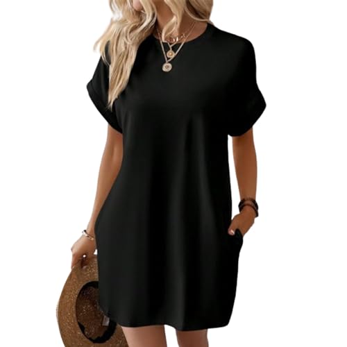 Vestido Camisero de Manga Corta, Vestidos de Verano de Manga Corta para Mujer con Bolsillos Vestido Camisero Liso Simple con Bolsillos (Small,Black)