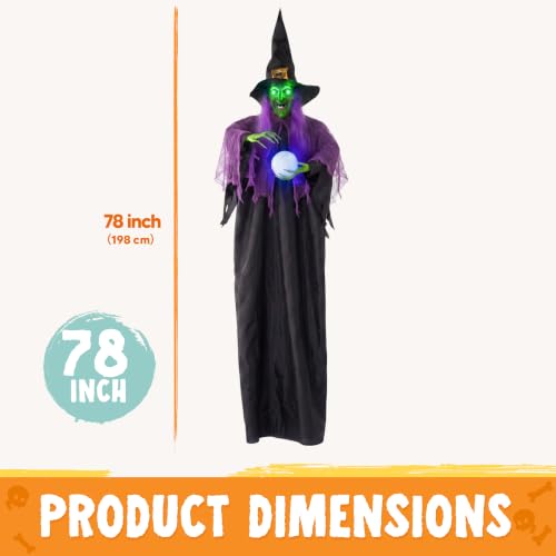 Image of JOYIN 78 inch Hanging Witch Decor with Magic Ball Halloween Decorations Outdoor, Swing Flying Witch Halloween Porch Decor Party Supplies Sound Activated Light Up Eyes Lawn Yard Garden Door Haunted House