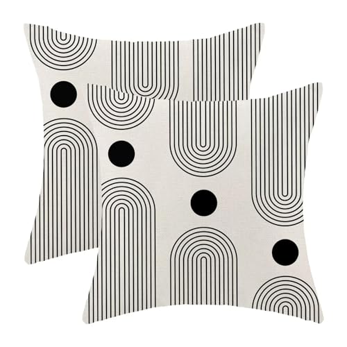 Jecuwo Boho Mid Century Pillow Covers 18x18 Inch Set of 2, Abstract Simple Black and White Decorative Throw Pillowcase Outdoor Farmhouse Boho Modern Cushion Cover for Sofa Couch Bed Living Room Decor