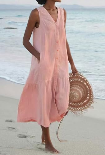 Image of chouyatou Women's Summer Sleeveless Button Down Cotton Tank Dress Loose A-Line Tiered Tunic Beach Dress