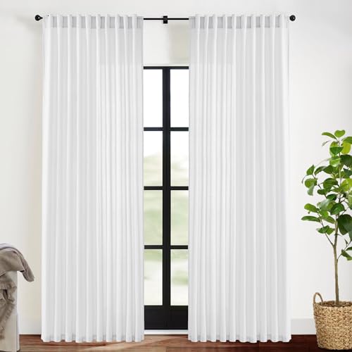Image of White Curtains 70 Inch Wide by 84 Long for 72 in Width Window,2 Panels Linen Cotton Back Tab Hooks Pleated Light Filtering Semi Privacy Extra Wide Sheer Curtains for Bedroom Living Room,70x84 Length