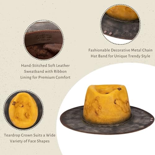 Image of RUEDIGER Vintage Wide Brim Fedora Hats 100% Wool Stiff Felt Hat Rancher Hat with Lightning Logo Handmade Distressed /Burned