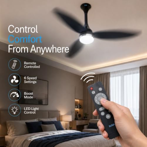 Image of XUGA Ziora F9D BLDC Ceiling Fan, 1200mm, 34W Energy Saving, 370 RPM, 235 CMM Air Delivery, Remote Control, LED Light, 6 + Boost Speed, Copper Motor, Premium Black