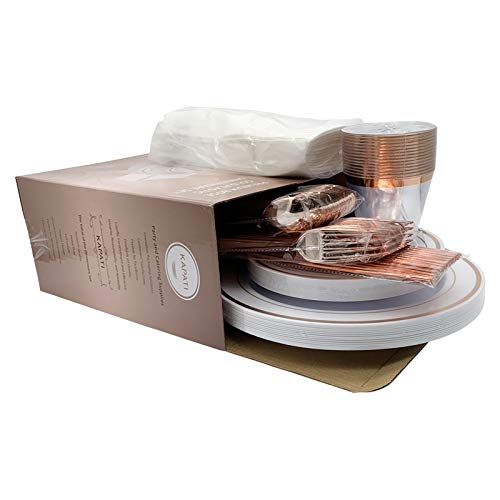Kapati 105 Piece Guest Rose Gold Disposable Plastic Dinnerware Set Including 15 Dinner Plates, 15 Salad Plates, 15 Spoons, 15 Forks, 15 Knives, 15 Cups, 15 Linen Like Napkins (Rose Gold - 105 Piece) #TOP6
