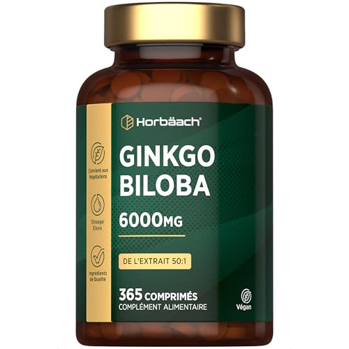 Ginkgo Biloba 6000mg | 365 Gélules Vegan Pour 1 An | Extrait 50:1 de Gingko Biloba Forte | Facile...